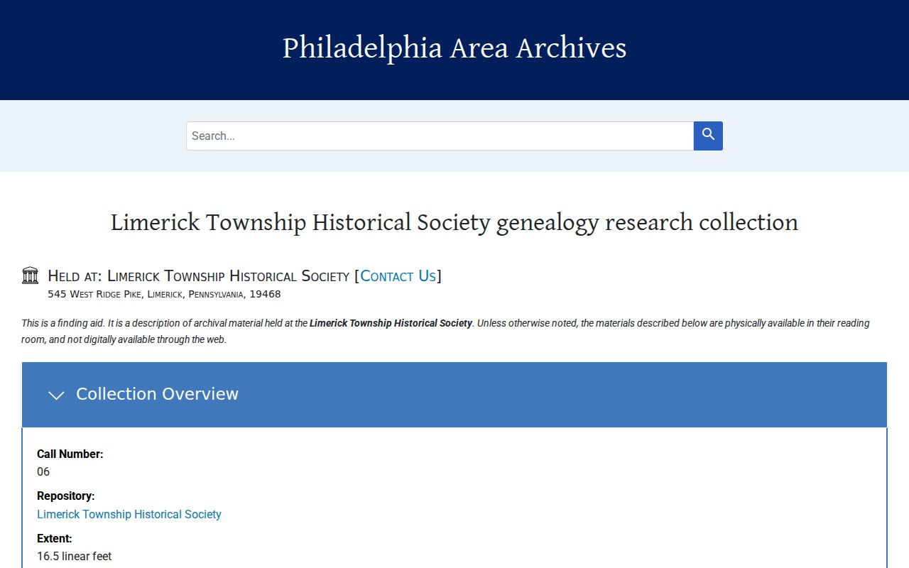 Limerick Township city directory historical finding aid for local family records